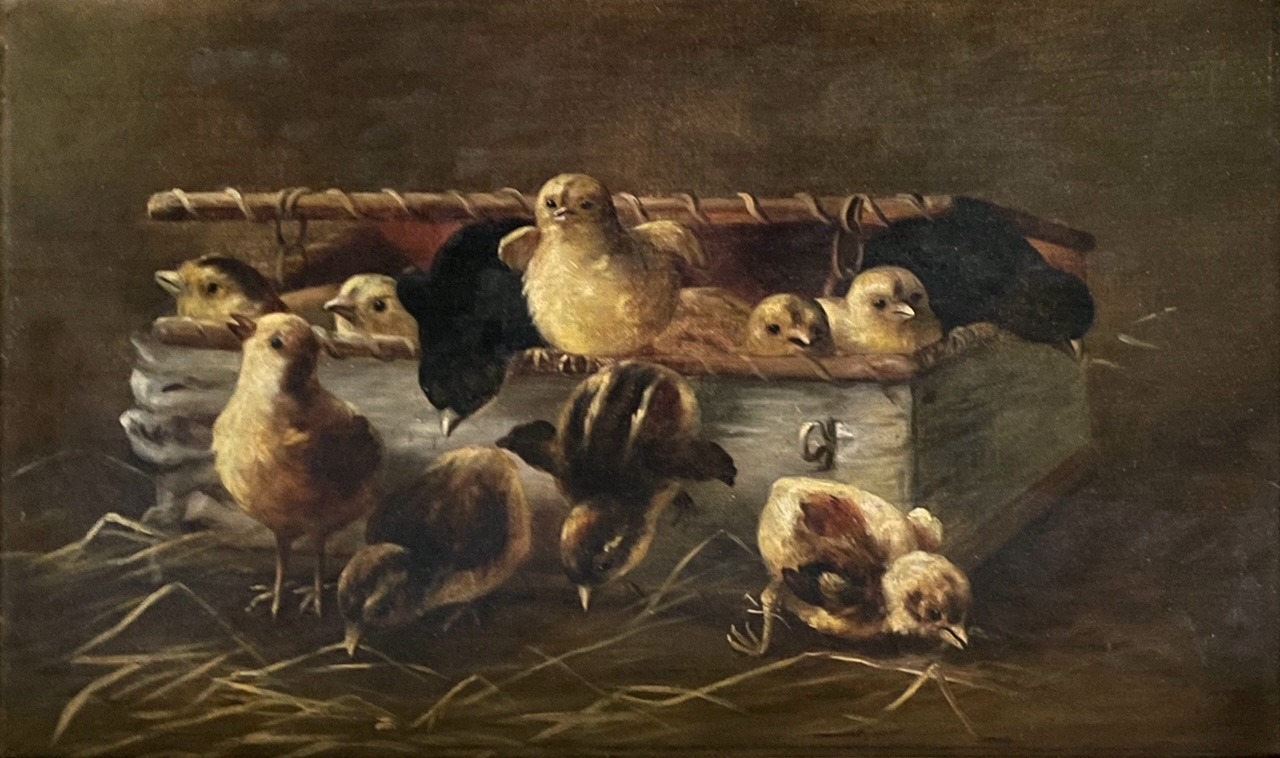 An oil painting of a bunch of baby chicks playfully hopping out of a small leather-bound box onto the hay covered surface.