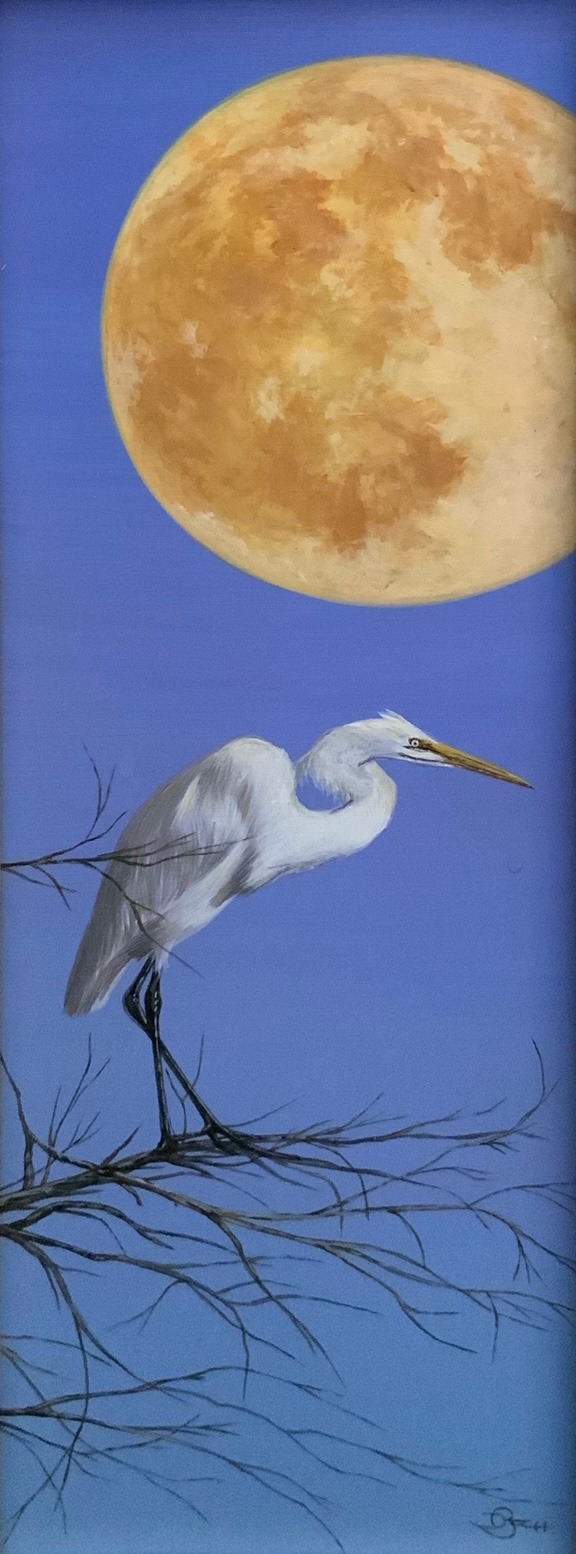 A nature acrylic painting of a heron sitting on a tree branch, with a full moon, titled Bella Di Luna, by artist Del Bouree-Bach