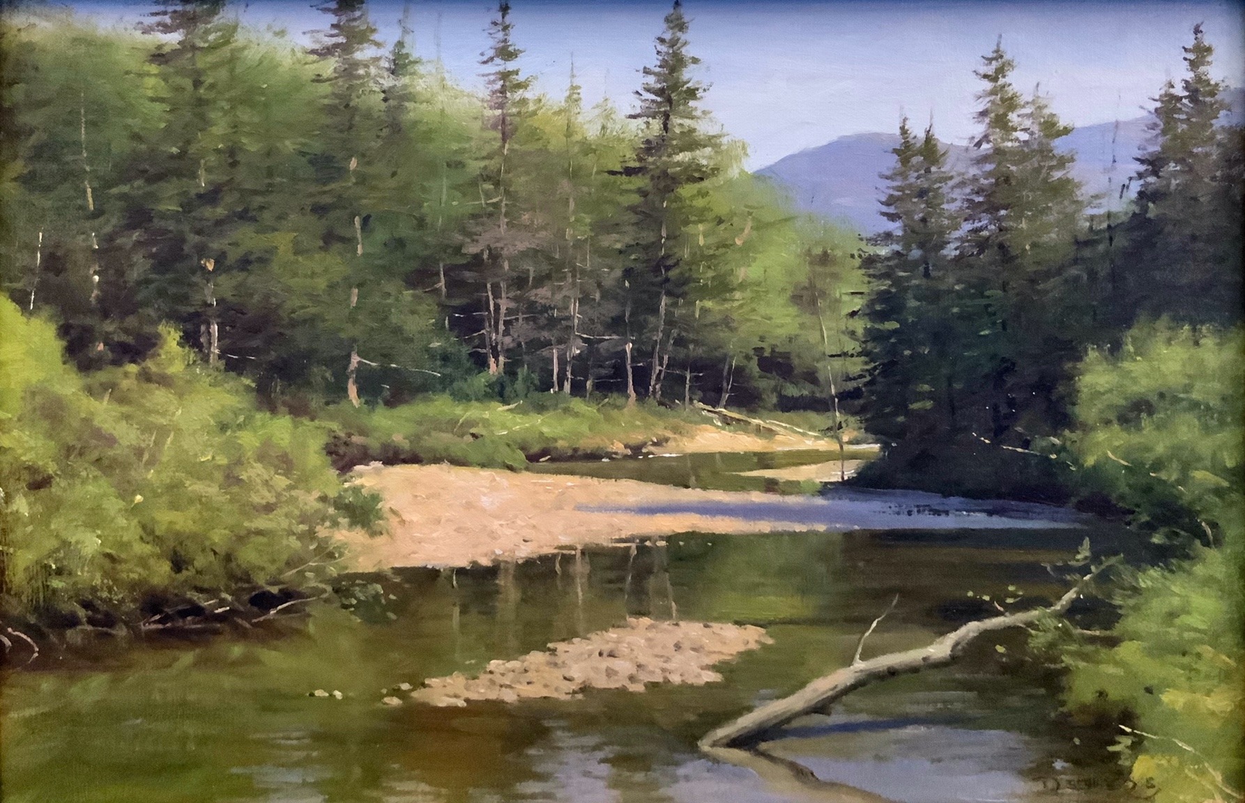 Painting from Don Demers of a landscape with a river receding into the distant mountains, surrounded by pine trees.