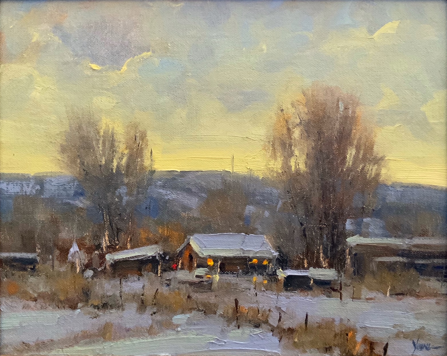 A landscape oil painting of a farmstead at dusk, overlooking distant hills, titled Lights at Dusk, by artist Dan Young.