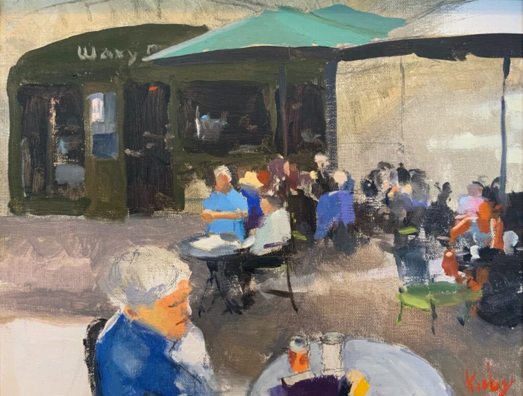 An oil painting titled Eating at Waxy's Pub, by Randall Cogburn, illustrating people eating outdoors, at tables, underneat large umbrellas
