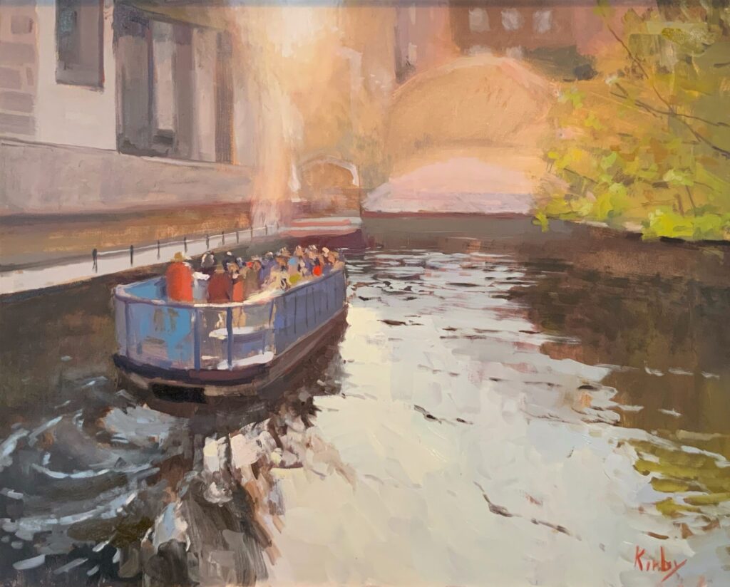 An oil painting titled Evening Surprise, by artist Randall Cogburn, illustrating a river boat with passengers travelling down the riverwalk during evening hours