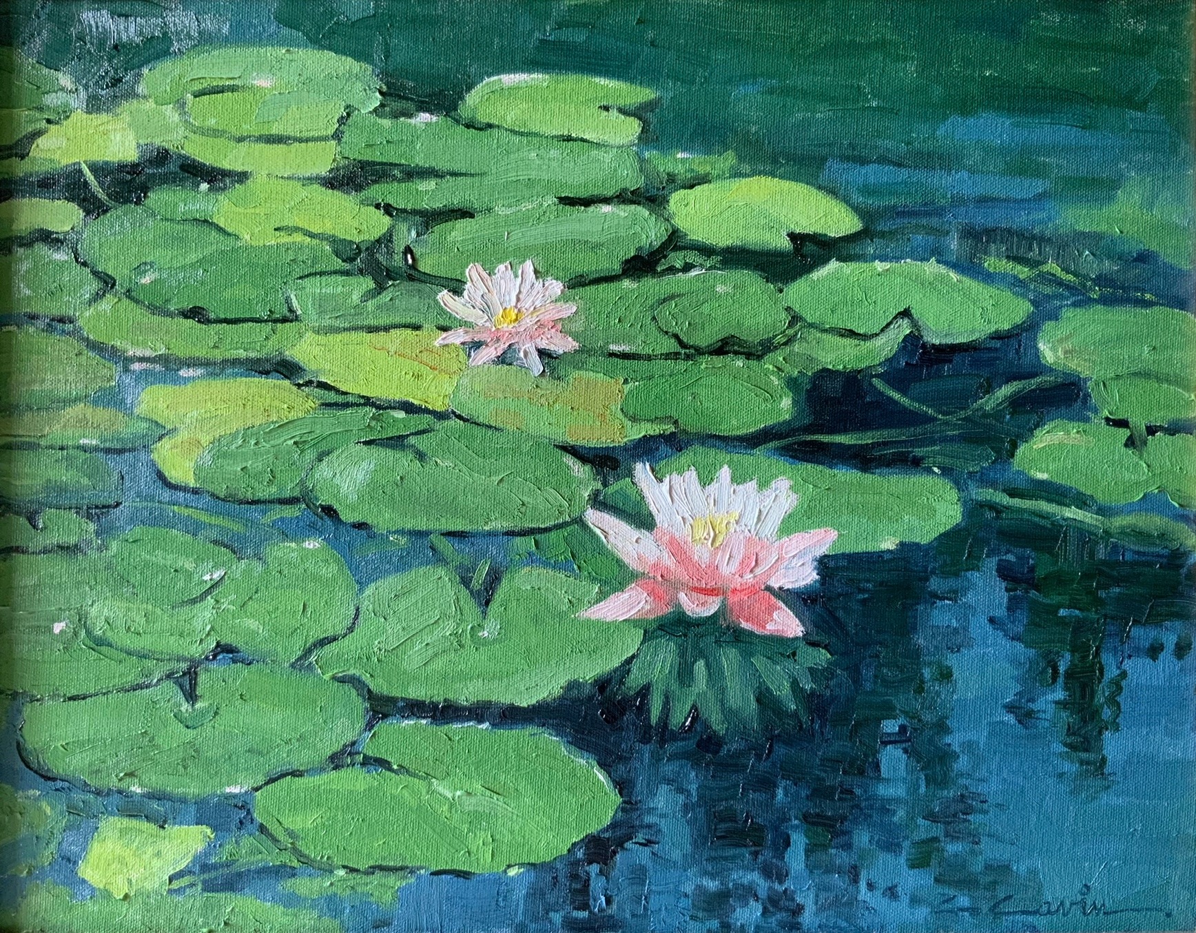 An oil painting, titled Riverwalk Lillies, by artist Cliff Cavin, depicting flowering water lillies on the San Antonio River Walk
