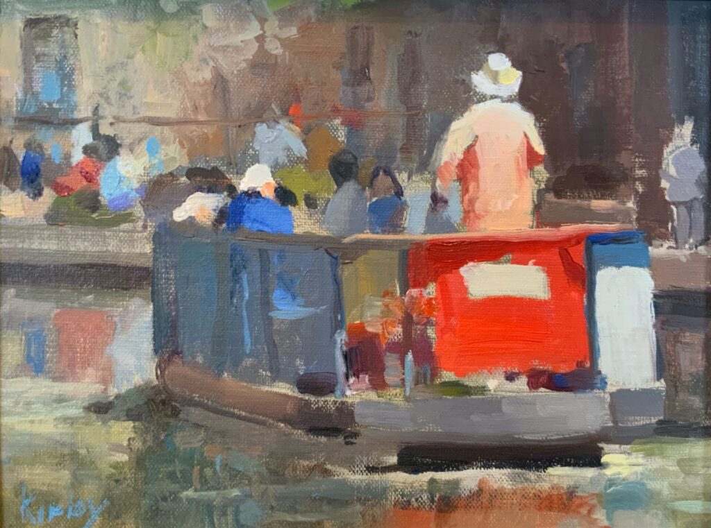 An oil painting titled Touring the River Walk, by artist Randall Cogburn, illustrating a riverboat and passengers making it's way down calm River Walk waters