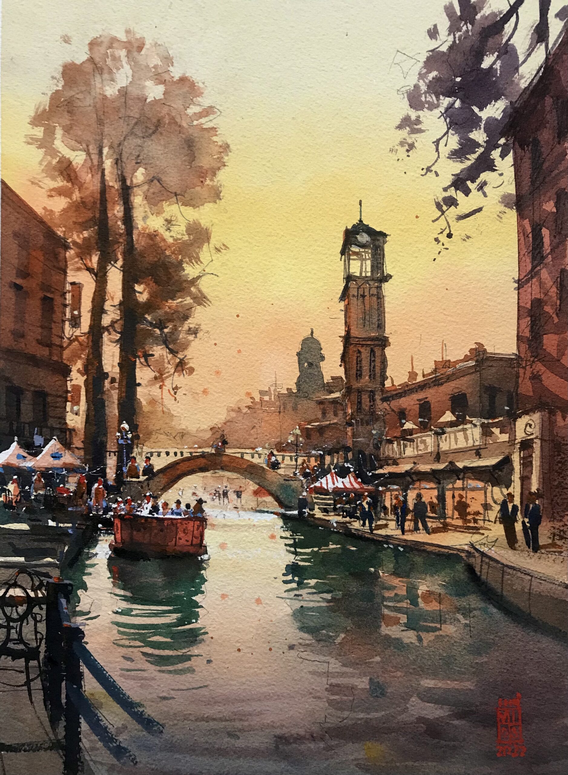A painting of the riverwalk titled Before Sunset by Riche Vios